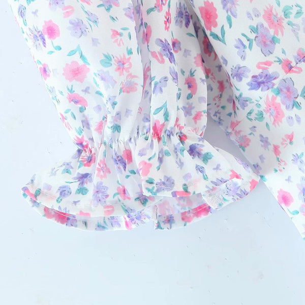 Women's Floral Print Puff Sleeve Short Dress- White