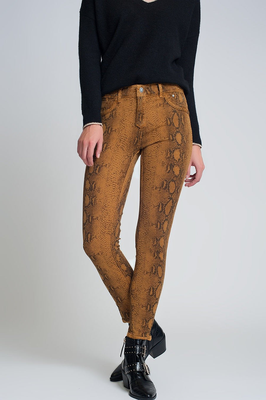 Mustard Reversible Snake Print Skinny Jeans