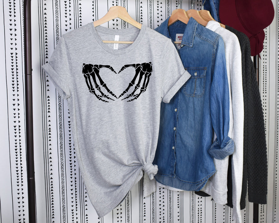 Unisex Skeleton Heart Hands T-Shirt- Heather Gray