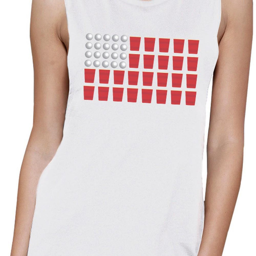 Beer Pong American Flag Women's Muscle Tee- White