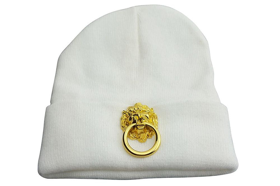 White Beanie With Gold Lion Door Knocker Embellishment