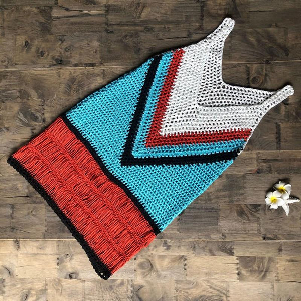 Women's Bohemian Multi Color-Blocked Short Crocheted Dress