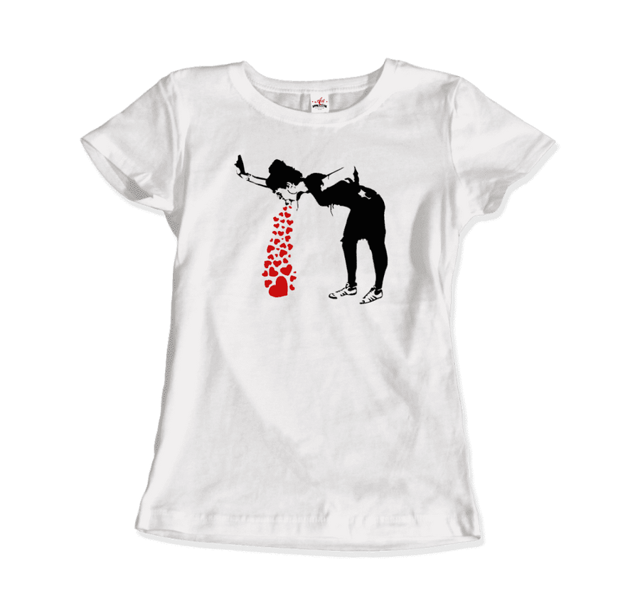 Men's, Women's, or Youth Banksy Lovesick Girl Throwing Up Hearts Artwork T-Shirt- 7 Colors
