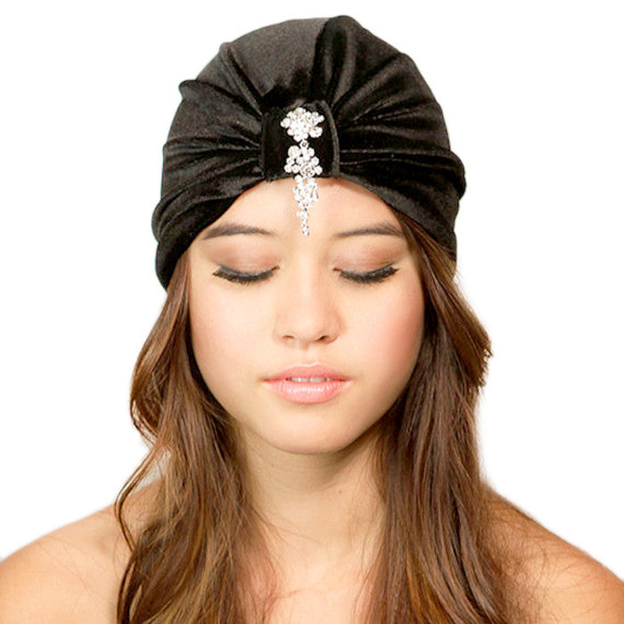 Black Velvet Cascading Crystals Turban