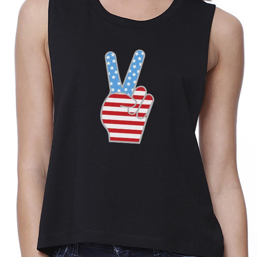 American Flag Peace Sign Cropped Tank- Black