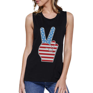 American Flag Peace Sign Women's Muscle Tee - Black