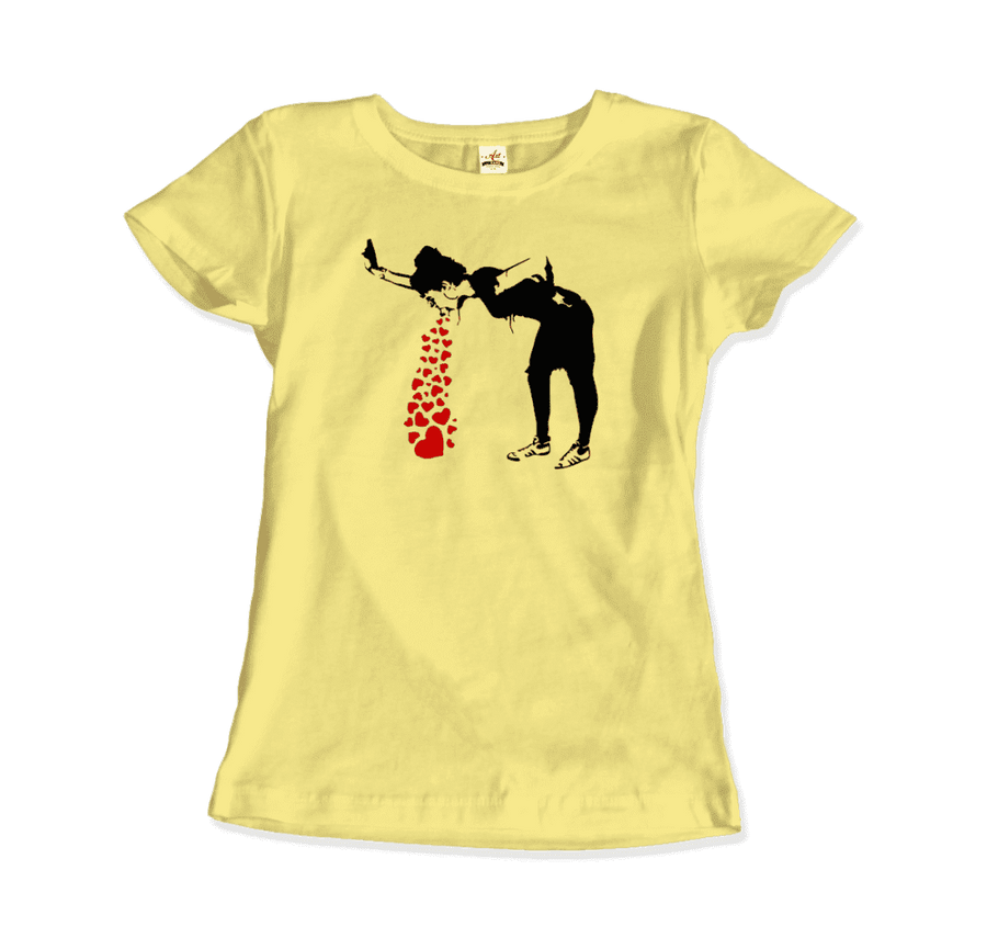 Men's, Women's, or Youth Banksy Lovesick Girl Throwing Up Hearts Artwork T-Shirt- 7 Colors