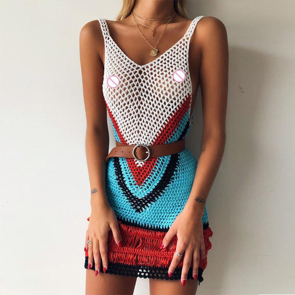 Women's Bohemian Multi Color-Blocked Short Crocheted Dress