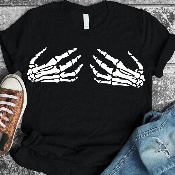 Unisex Skeleton Hands on Chest T-Shirt- Black