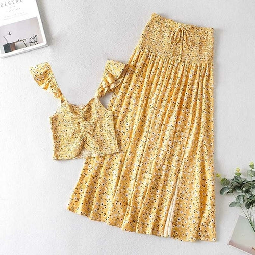 Women's Floral Cap Sleeve Cropped Top & Split Hem Skirt Two-Piece Set- 3 Colors
