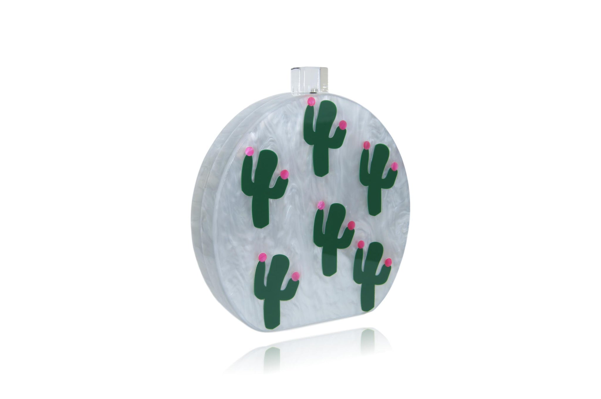Pearl White & Green Cactus Acrylic Round Box Clutch