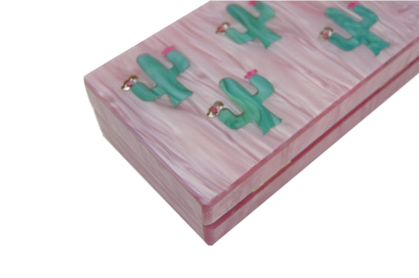 Pink & Green Pearl Cactus Acrylic Box Clutch