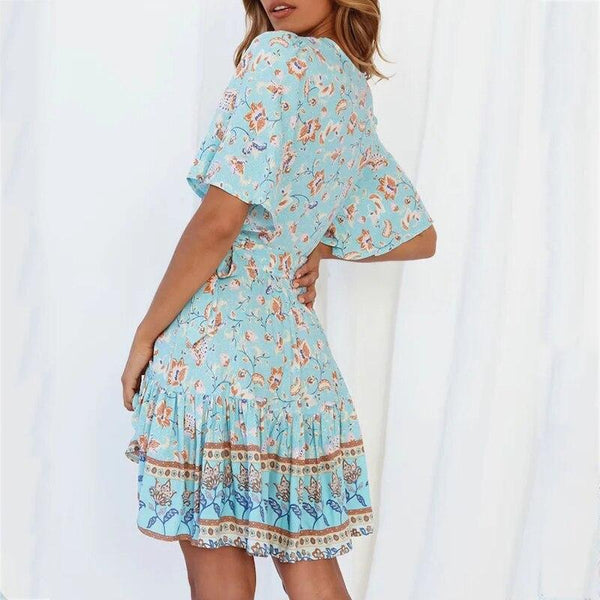 Women's Bohemian Floral Print Flare Sleeve Wrap Dress- Sky Blue