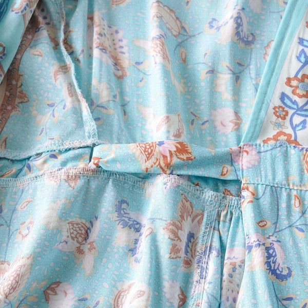 Women's Bohemian Floral Print Flare Sleeve Wrap Dress- Sky Blue