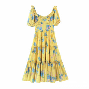 Floral Print Sweetheart Neck Puff Sleeve Tiered Maxi Dress- Yellow