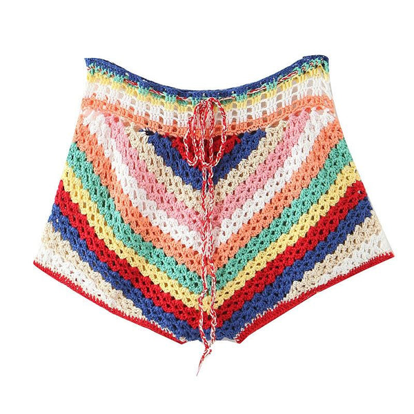 Women's Bohemian Multicolored Striped Crocheted Wrap Top & Shorts Two-Piece Set