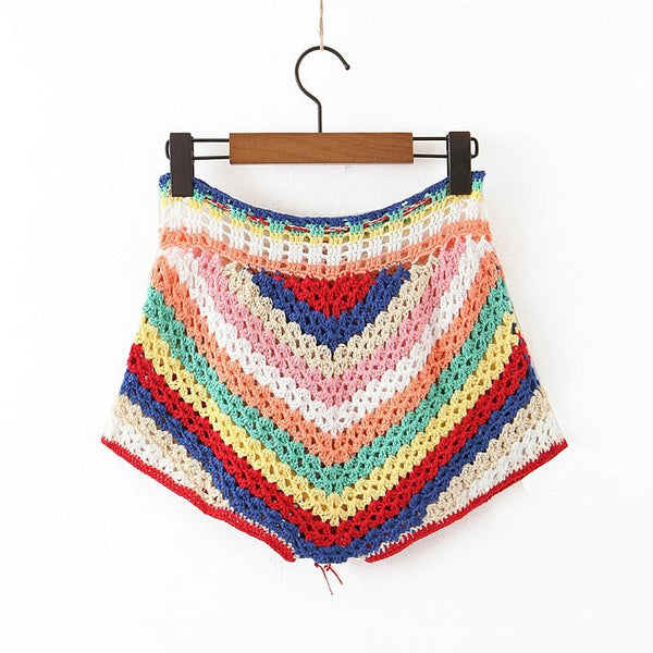 Women's Bohemian Multicolored Striped Crocheted Wrap Top & Shorts Two-Piece Set
