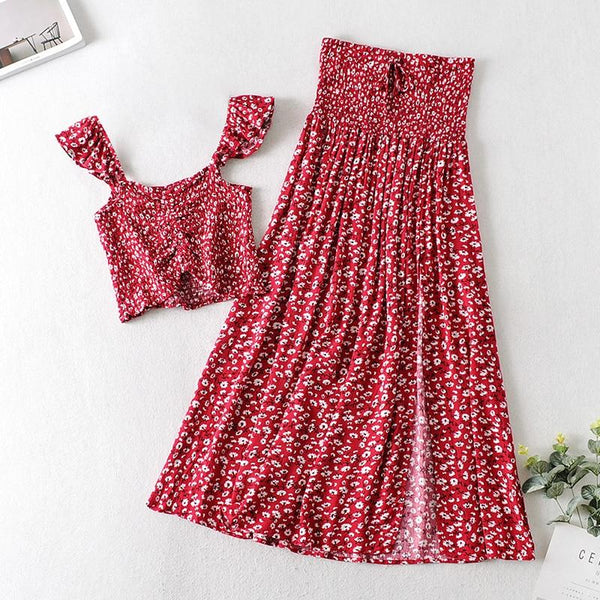Women's Floral Cap Sleeve Cropped Top & Split Hem Skirt Two-Piece Set- 3 Colors