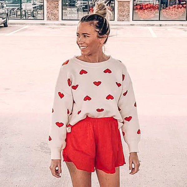 Women's White & Red Hearts Sweater