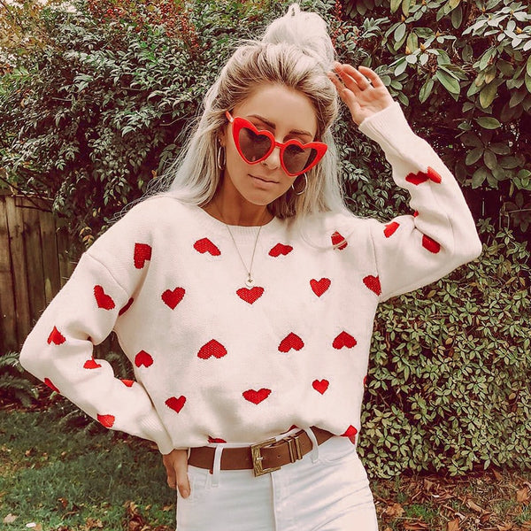 Women's White & Red Hearts Sweater