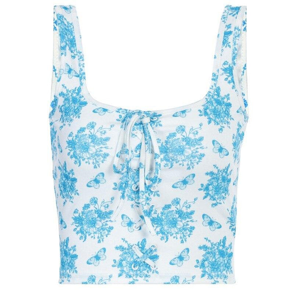 Blue & White Floral Print Lace-Up Tank Top