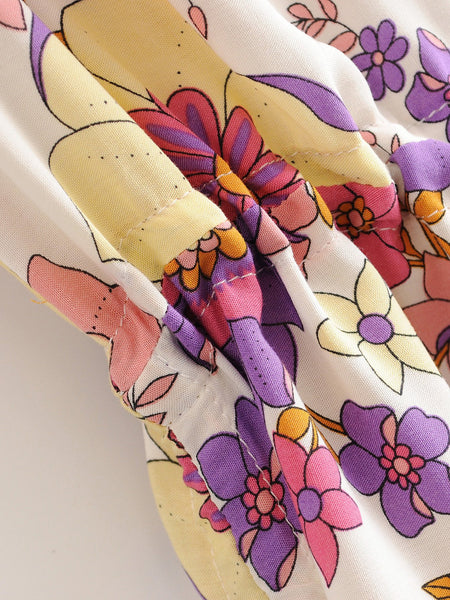 Women's Bohemian V-Neck Floral Print Button-Up Drawstring Sides Romper