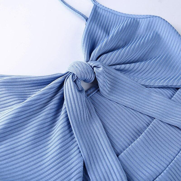 Women's Spaghetti Strap Ribbed Bow Knot Keyhole Split Hem Dress- 2 Colors