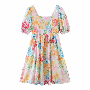 Floral Print Square Neck Puff Sleeve Mini Dress- Multicolor
