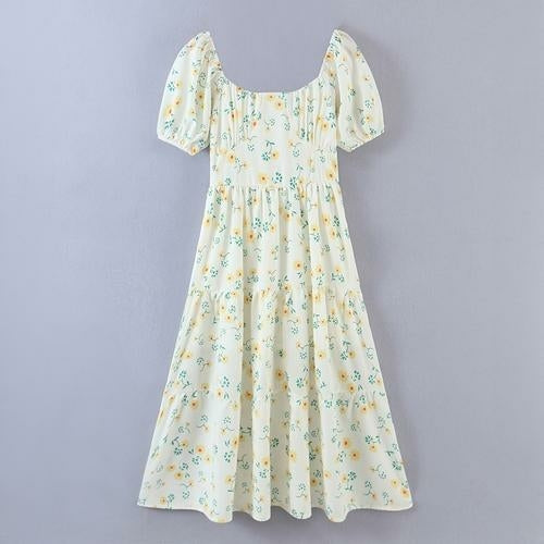 Floral Print Sweetheart Neck Puff Sleeve Tiered Maxi Dress- Yellow