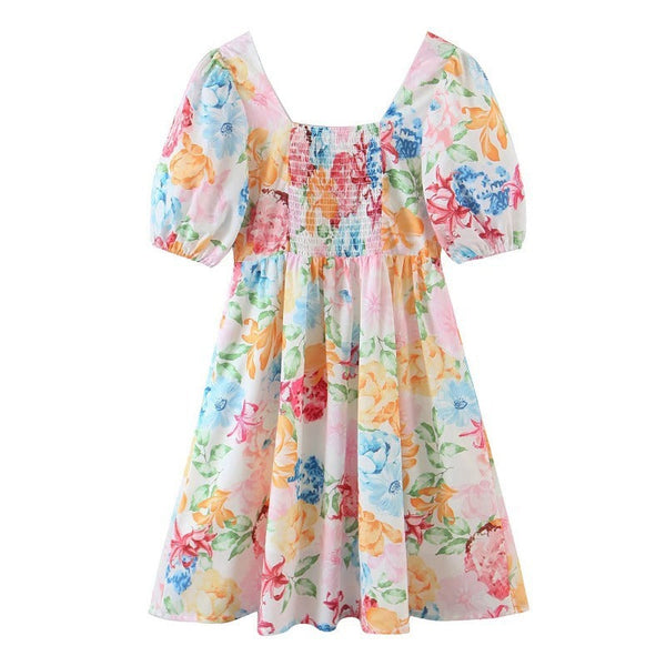 Floral Print Square Neck Puff Sleeve Mini Dress- Multicolor