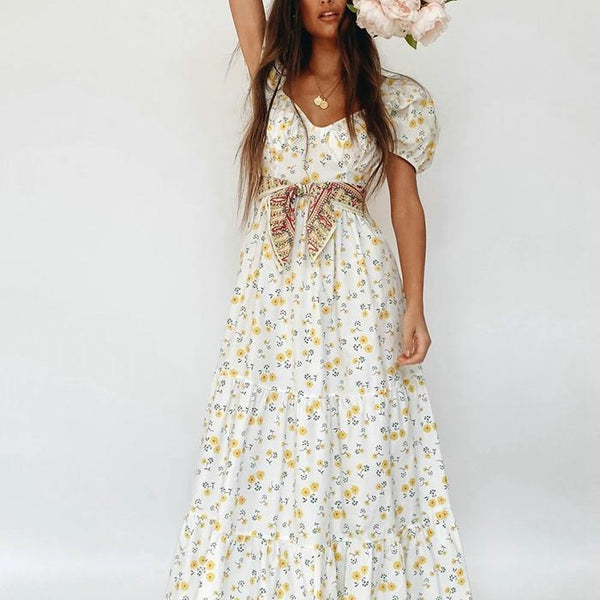 Floral Print Sweetheart Neck Puff Sleeve Tiered Maxi Dress- Yellow