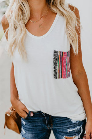 Women's White Muscle Tee with Multicolor Pocket