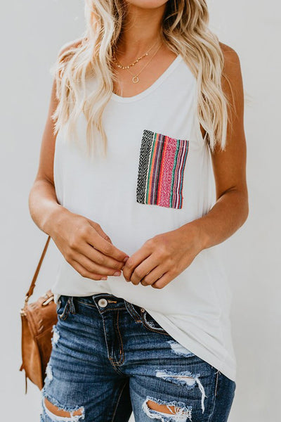 Women's White Muscle Tee with Multicolor Pocket