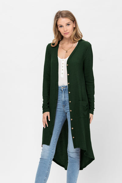 Women's Long Sleeve Button Down Solid Color Knit Cardigan with Pockets- Hunter Green