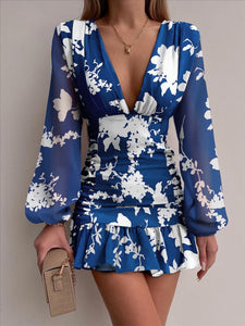 Floral Print Draped Long Sleeve Short Dress- Dark Blue