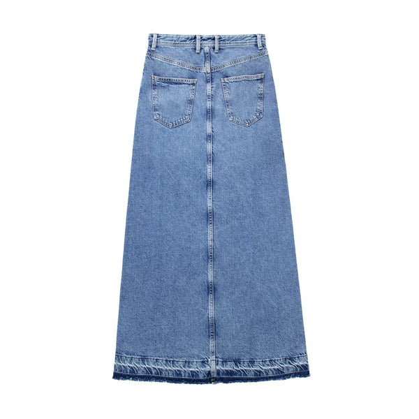 Straight Denim Maxi Skirt with Slit & Frayed Hem- 3 Styles