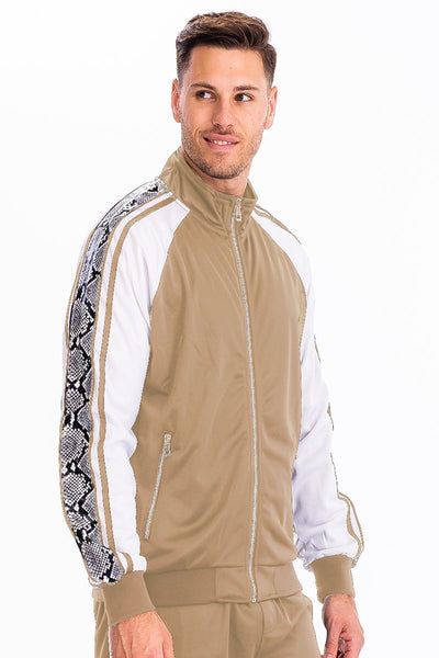 Men's Snake Panel Zip-Up Jacket- Beige & White