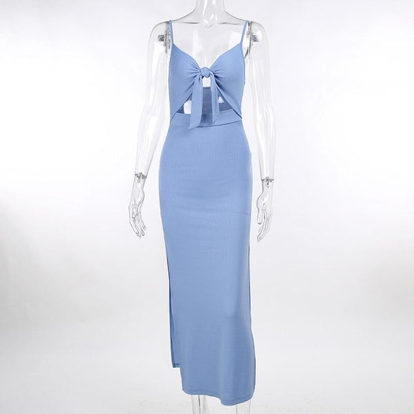 Women's Spaghetti Strap Ribbed Bow Knot Keyhole Split Hem Dress- 2 Colors