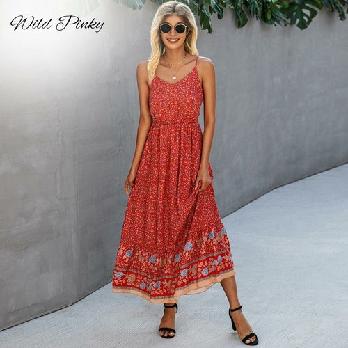 Women's Spaghetti Strap V-Neck Bohemian Maxi Dress- 5 Colors