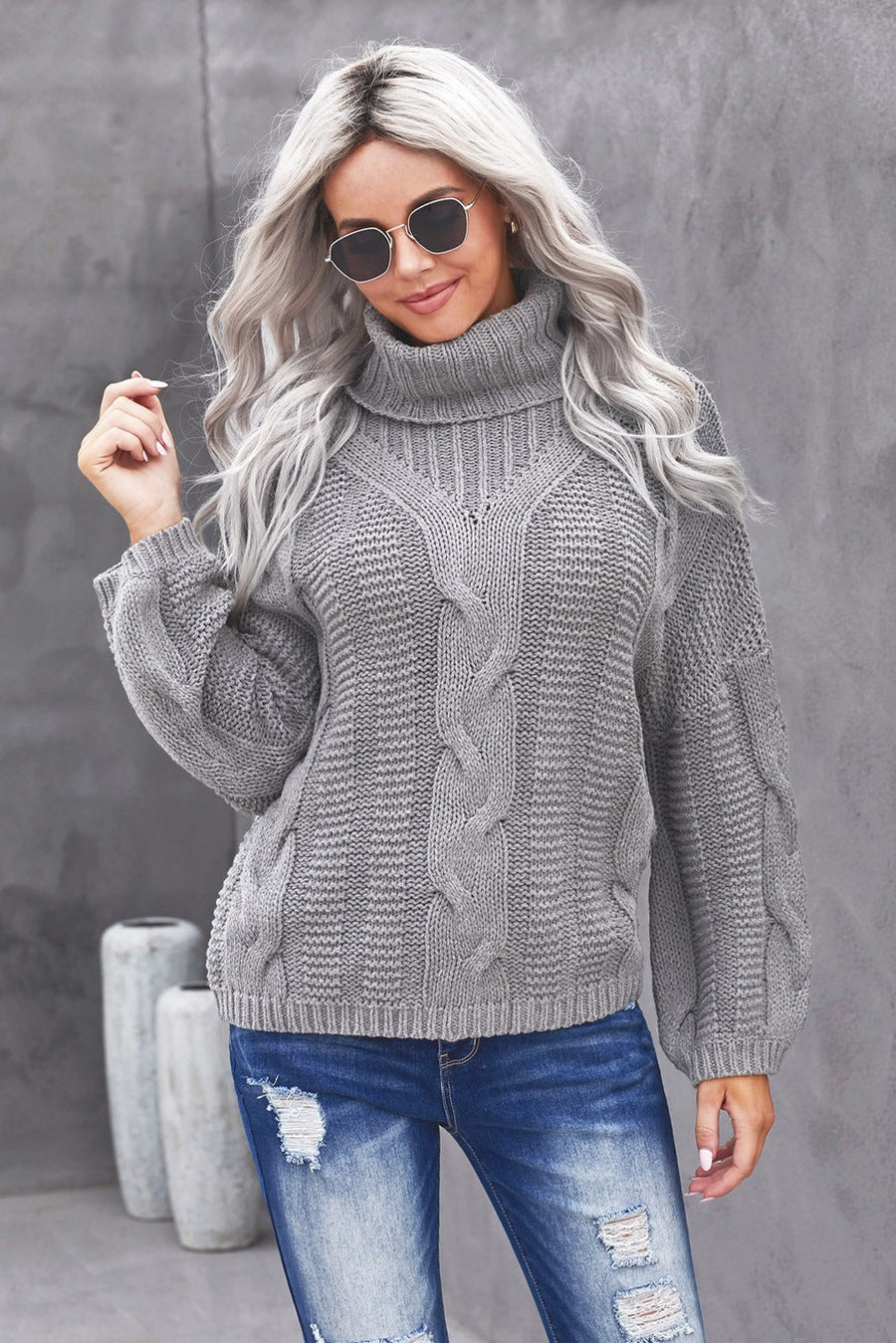 Gray Oversized Drop Shoulder Chunky Cable Knit Turtleneck Sweater