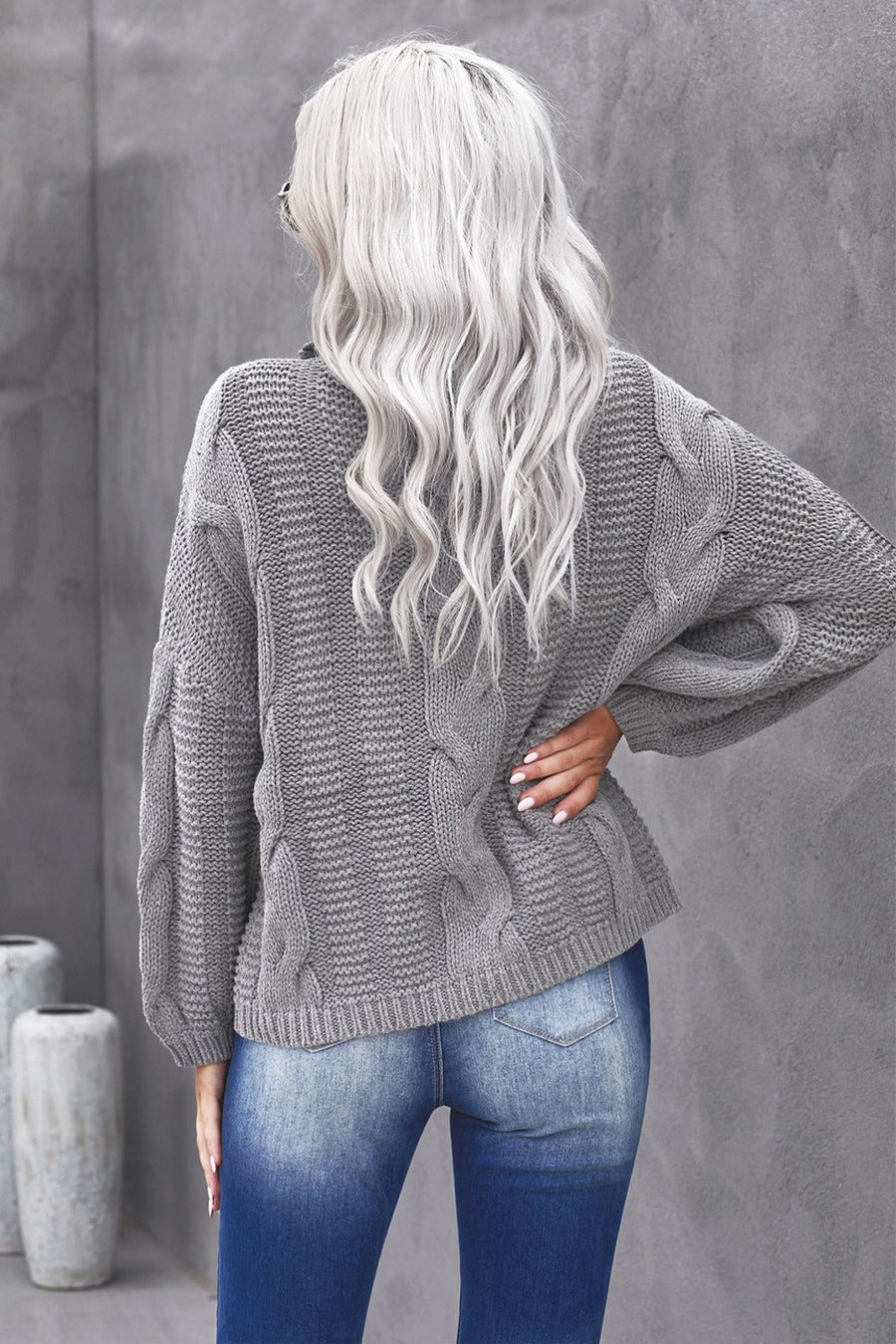 Gray Oversized Drop Shoulder Chunky Cable Knit Turtleneck Sweater