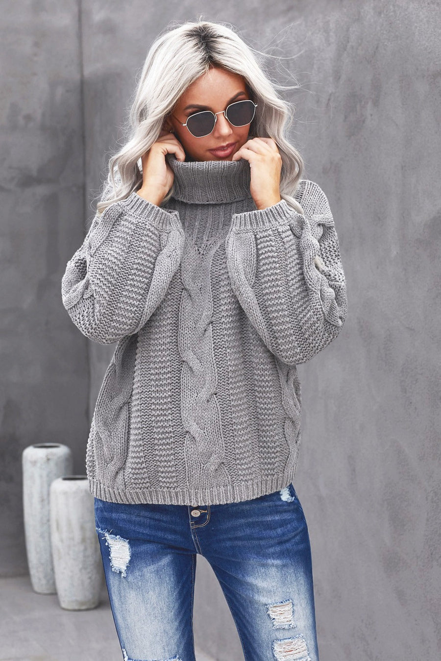 Gray Oversized Drop Shoulder Chunky Cable Knit Turtleneck Sweater