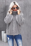 Gray Oversized Drop Shoulder Chunky Cable Knit Turtleneck Sweater
