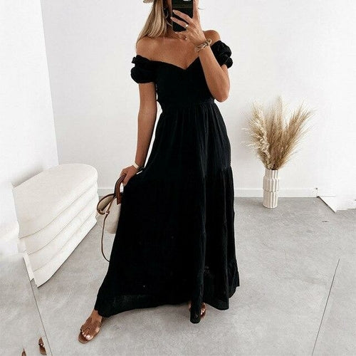 Women's V-Neck Puff Sleeve Off-Shoulder Tiered Maxi Dress- 3 Colors