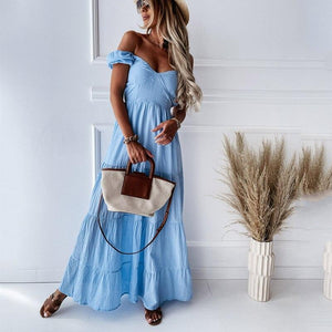 Women's V-Neck Puff Sleeve Off-Shoulder Tiered Maxi Dress- 3 Colors