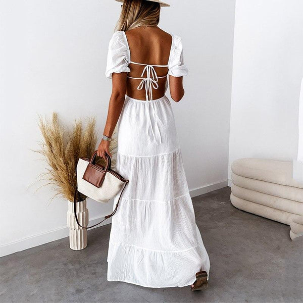Women's V-Neck Puff Sleeve Off-Shoulder Tiered Maxi Dress- 3 Colors