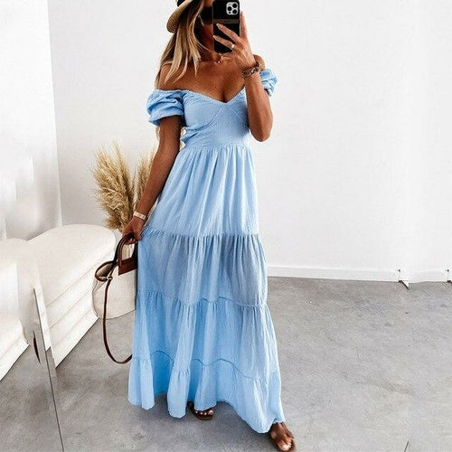 Women's V-Neck Puff Sleeve Off-Shoulder Tiered Maxi Dress- 3 Colors