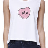 Meh Cropped Pink Heart Print Women's Tank Top- White