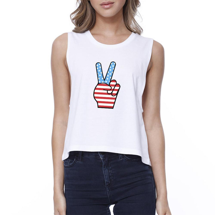 American Flag Peace Sign Cropped Tank- White