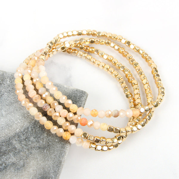 Brass, Stone, & Glass Four Beaded Bracelet Set- 5 Colors